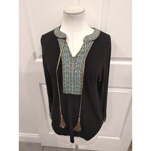 One world Black Embroidered Tassel V Neck Long Sleeve Top S